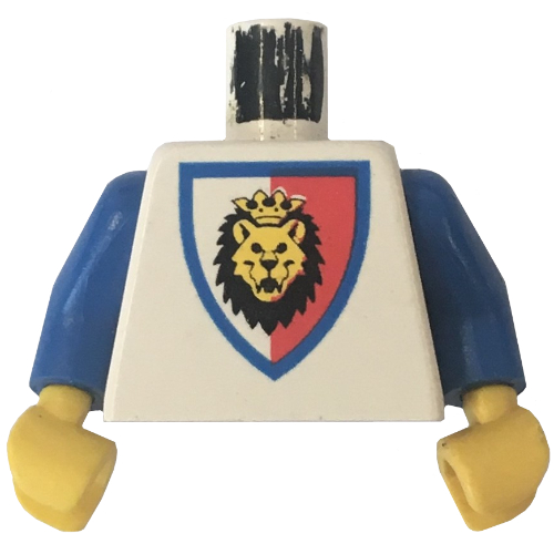 Torso Lion Head on Red and White Shield Print, Blue Arms, Yellow Hands