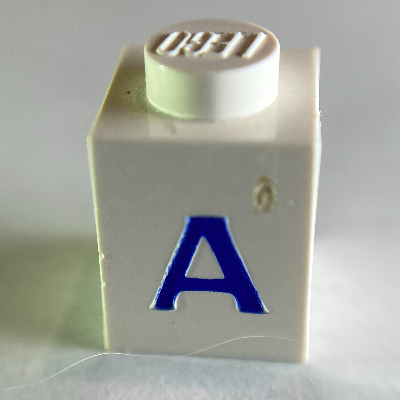 LEGO part Brick 1 X 1 with Blue 'A' print (Serif Font)