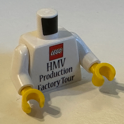 LEGO part Torso, LEGO Logo, 'HMV Production Factory Tour' print, White Arms, Yellow Hands