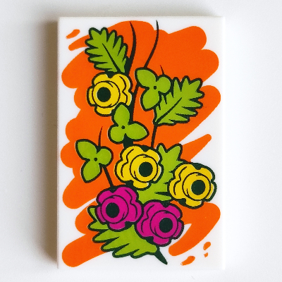 Tile 2 x 3 with Orange Paint, Magenta and Yellow Flowers, Lime Leaves (Painting) Print
