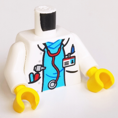 Torso Hospital Lab Coat, Medium Azure Scrubs, ID Badge and Stethoscope Print, White Arms, Yellow Hands