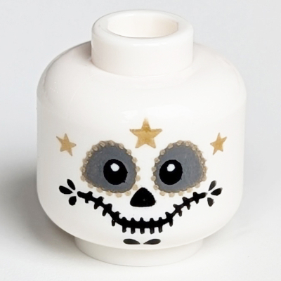 Minifig Head Skeleton, Catrin/Mariachi, Dark Bluish Gray Round Eyes, Gold and Black Decorations Print