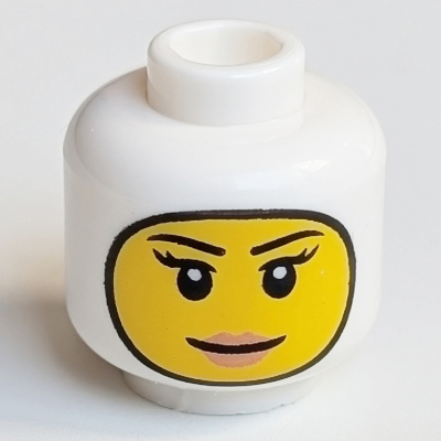 Minifig Head, Balaclava with Yellow Face, Thin Eyebrows, Eyelashes, White Pupils, Peach Lips, Smile Print