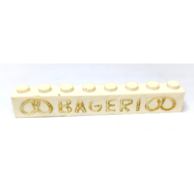 Brick 1 x 8 without Bottom Tubes with Cross Side Supports with 'BAGERI' and 2 Pretzels Large Gold Print