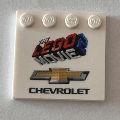 Plate Special 4 x 4 with Studs on One Edge and 'THE LEGO MOVIE 2' and 'CHEVROLET' Logos Print