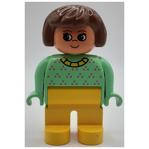 Duplo Figure, Early, Hair Bob Brown, Yellow Legs, Dark Pink Dots and Yellow Collar Print