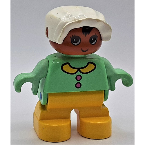Duplo Figure, Early Child, with Bonnet White, Yellow Legs, Buttons and Collar Print