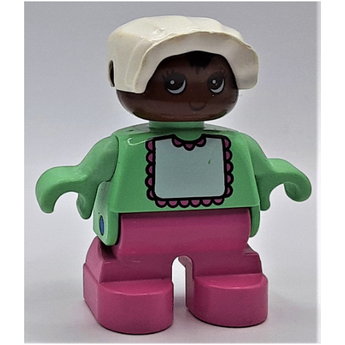 Duplo Figure, Early Child, with Bonnet White, Medium Dark Pink Legs, White Bib with Medium Dark Pink Lace Print