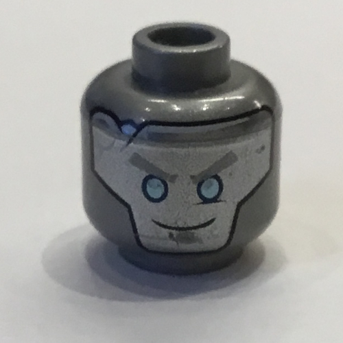 Minifig Head Zane, Blue Robot Eyes, Gray Eyebrows and Crack, Circles on Back Print [Hollow Stud]