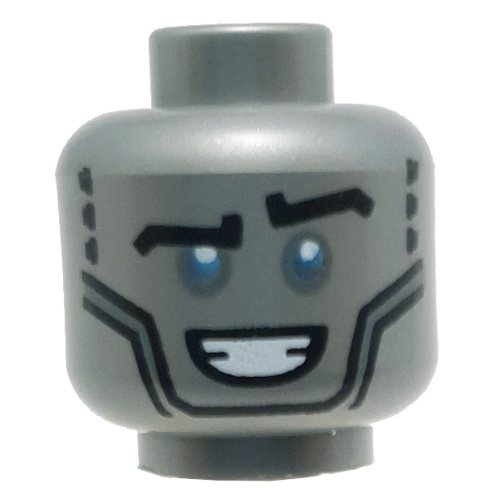 Minifig Head Zane, Metallic Blue Eyes, Silver Plates, Smile Print
