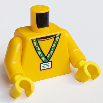 Torso, Green Neck Lanyard, ID Card Print, Bright Light Orange Arms, Yellow Hands