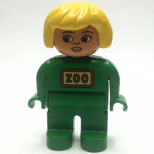 Duplo Figure, Early, Hair Bob Yellow, Green Legs, Red 'ZOO' Logo Print