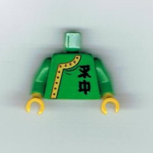 Torso Side-Buttoned Robe with Chinese Letters Print, Green Arms, Yellow Hands