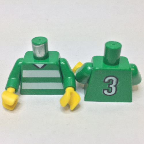 Torso Soccer Horizontal White Stripes and '3' Back Print, Green Arms, Yellow Hands