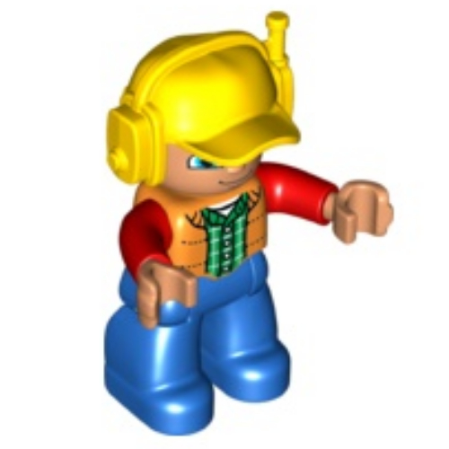 Duplo Figure with Headset and Cap Yellow, with Orange Vest over Green Shirt with Red Sleeves, Nougat Face and Hands, and Blue Legs