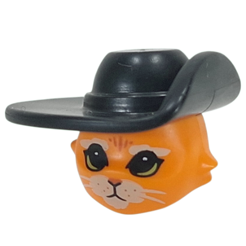Minifig Head Special, Cat with Black Hat, Large Eyes, Tan Nose, Black Whiskers print (Puss in Boots)