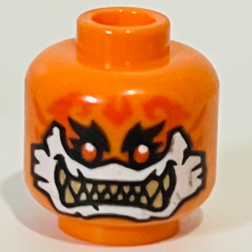 Minifig Head Rox, Thick Black Eyebrows, Orange Eyes, Big White Mouth, Tan Sharp Teeth, Angry