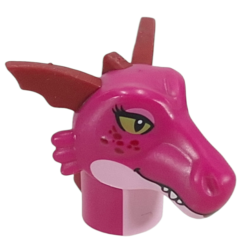 Head Special, Dragon with Dark Red Ears, Spikes pattern, Bright Pink Neck, Olive Green Eyes print