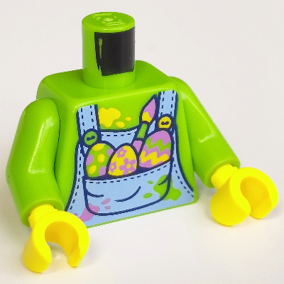 Torso, Bright Light Blue Overall, Medium Lavender, Lime and Bright Orange Spots, Painted Eggs, Brushes Print, Lime Arms, Yellow Hands