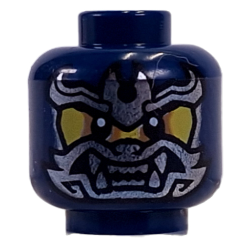 Image of part Minifig Head Wolf Warrior, Silver Face Mask, Nougat Eye Shadow, Black Eyes / Blue Eyes and Fangs Print