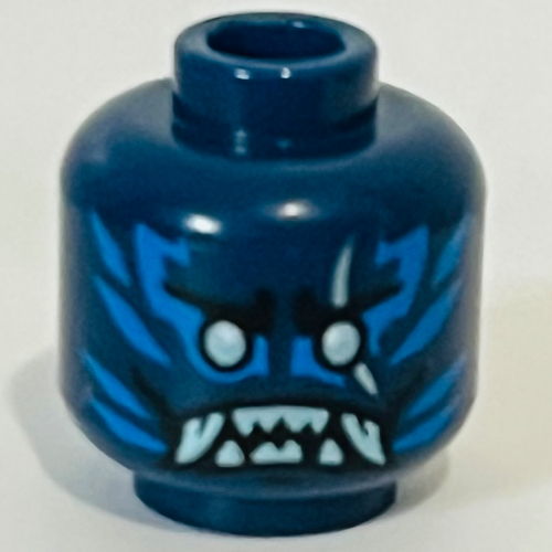 Minifig Head Nokt, Blue Markings, Silver Eyes, Scar, Silver Sharp Teeth, Fangs