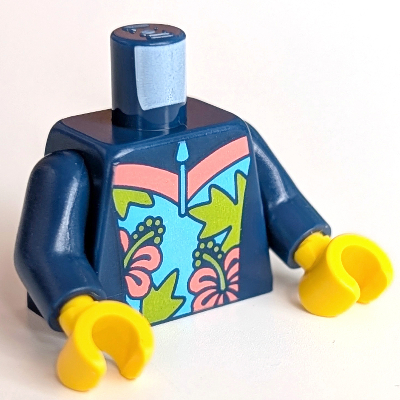 Torso Wetsuit with Coral and Bright Light Orange Flowers, Lime Palm Leaves Print (Surfer), Dark Blue Arms, Yellow Hands