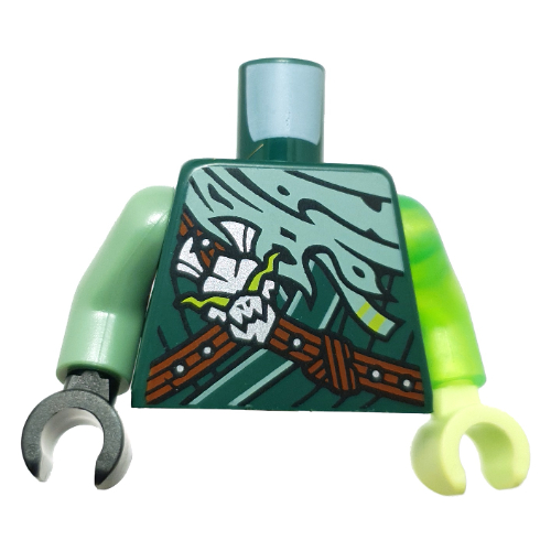 Torso, Odd Arms and Hands, Ninjga Robes Sand Green Cloak, Reddish Brown Straps, Silver Skull print, Left Trans-Bright Green Arm, Yellowish Gren Hand, Right Sand Green Arm and Black Hand