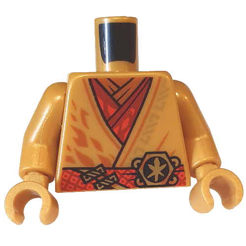 Torso Robe with Red Sash, Tunic, Orange Shirt, Gold Asian Symbol print, Pearl Gold Arms and Hands