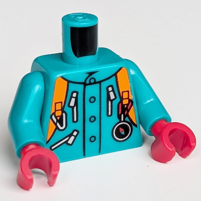 Torso Jacket, Zipper Pockets, Orange Backpack Print, Dark Turquoise Arms, Red Hands