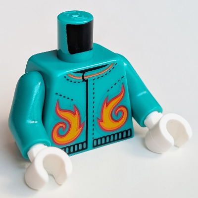 Torso Jacket, Orange Flames Print, Dark Turquoise Arms, White Hands