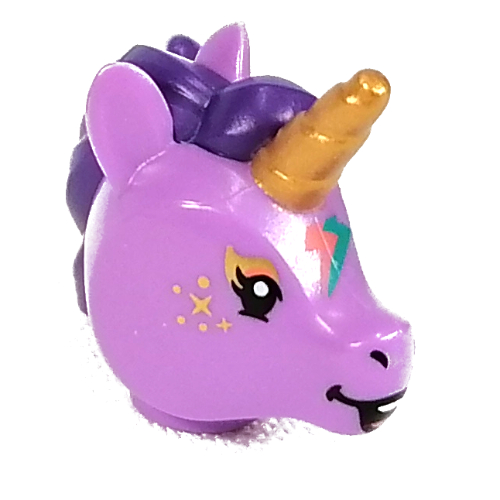 Minifig Head Special, Unicorn with Gold Horn, Dark Purple Mane, Dark Turquoise/Coral Lightning Bolt Print