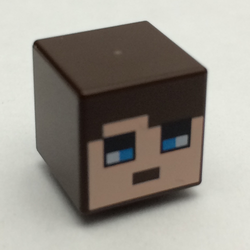 Minifig Head Special, Cube with Minecraft Pixelated Face with Dark Brown Hair and Blue Eyes