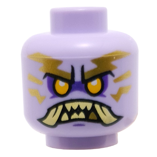 Image of part Minifig Head Chief Mammatus, Bright Light Orange Eyes, Tan Teeth and Fangs, Gold Lightning , Angry / Smile Print