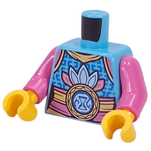 Torso, Light Blue/Dark Pink Feathers, Dark Pink/Gold Sash, Dark Blue Hourglass on Light Blue Circle, Dark Blue Decorations print, Dark Pink Arms, Yellow Hands