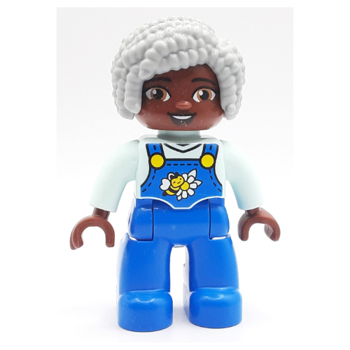 Duplo Figure with Curly Hair Light Bluish Grey, Blue Overall, Flowers, Bee Print Light Aqua