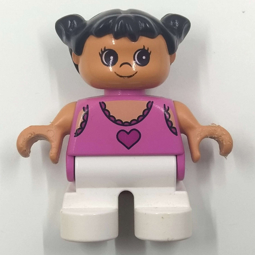 Duplo Figure, Early Child, with Pigtails Black, White Legs, Dark Pink Top with Heart Print