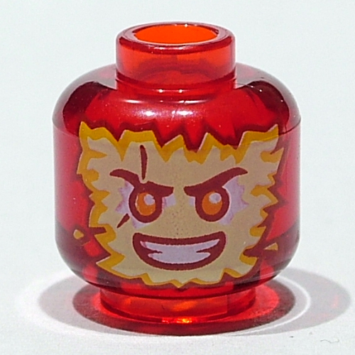 Minifig Head Kai, Yellow Flames, Grin, Red Eyes print [Vented Stud - 2 Holes]