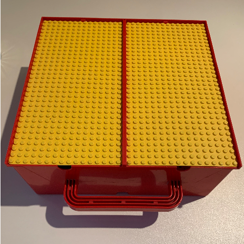 LEGO part Storage Bin with Handle and Six Compartments with Yellow Baseplate Covers