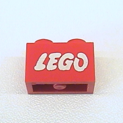 Brick 1 x 2 with Lego Logo Old Style White without Black Outline Print