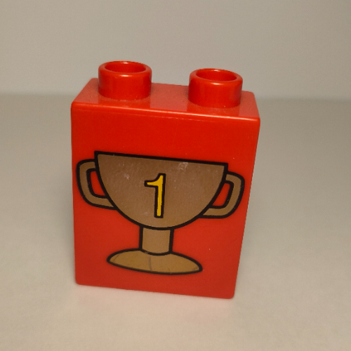 Duplo Brick 1 x 2 x 2 with Trophy Cup Number 1, Dark Gold Print