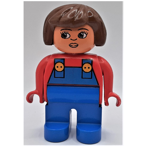 Duplo Figure, Early, Hair Bob Brown, Blue Legs, Blue Overalls, Turned Down Nose Print