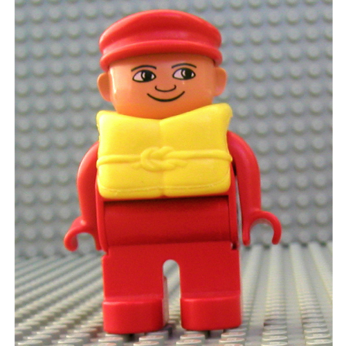 Duplo Figure, Early, with Flat Cap Red, Red Legs, Yellow Life Jacket