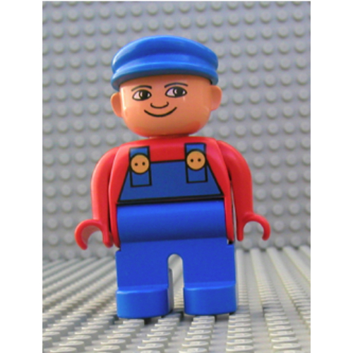 Duplo Figure, Early, with Flat Cap Blue, Blue Legs, Blue Overalls, Turned Down Nose Print