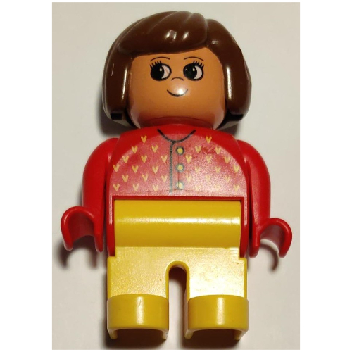 Duplo Figure, Early, Hair Bob Brown, Yellow Legs, Red Sweater with Yellow 'V', Nose Pointing Up Print