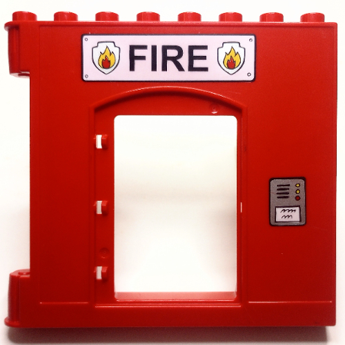 Duplo Building Wall 1 x 8 x 6, with Door Opening and Fire Logo Print