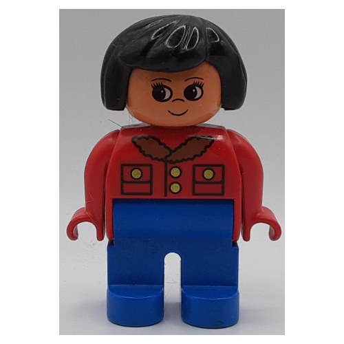 Duplo Figure, Early, Hair Bob Black, Blue Legs, Jacket with Pockets, Buttons, and Fur Collar Print