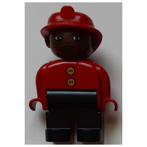 Duplo Figure, Early, Fire Helmet Red, Black Legs, Gold Buttons Print