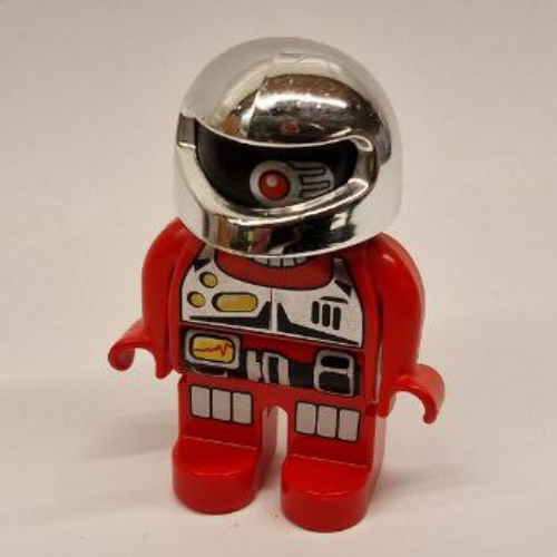Duplo Figure, Early, Helmet Chrome Silver, Red Legs, Silver Chest Panel, Black Belt with Silver Panels, Silver Knee Pads, Black Face with One Red Eye Print
