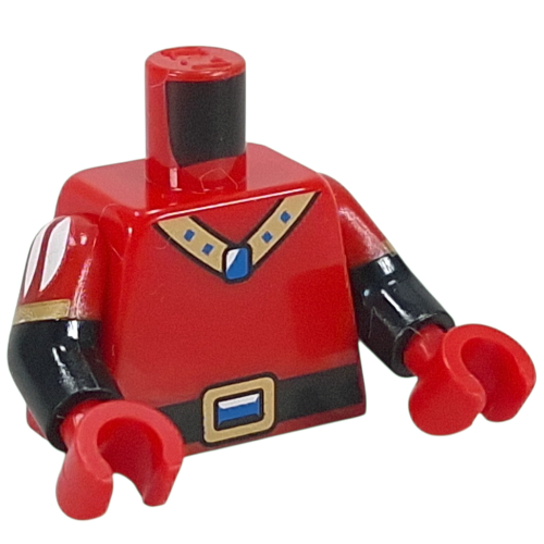 Torso, Dual Molded Arms with Black Belt, Gold Belt Buckle, Necklace with Blue Jewel, White Stripes on Arms print, Red Sleeves Pattern, Black Arms and Hands