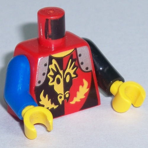 Torso Odd Arms, Armor, Dragon Head Breathing Fire Print, Left Black Arm, Right Blue Arm, Yellow Hands